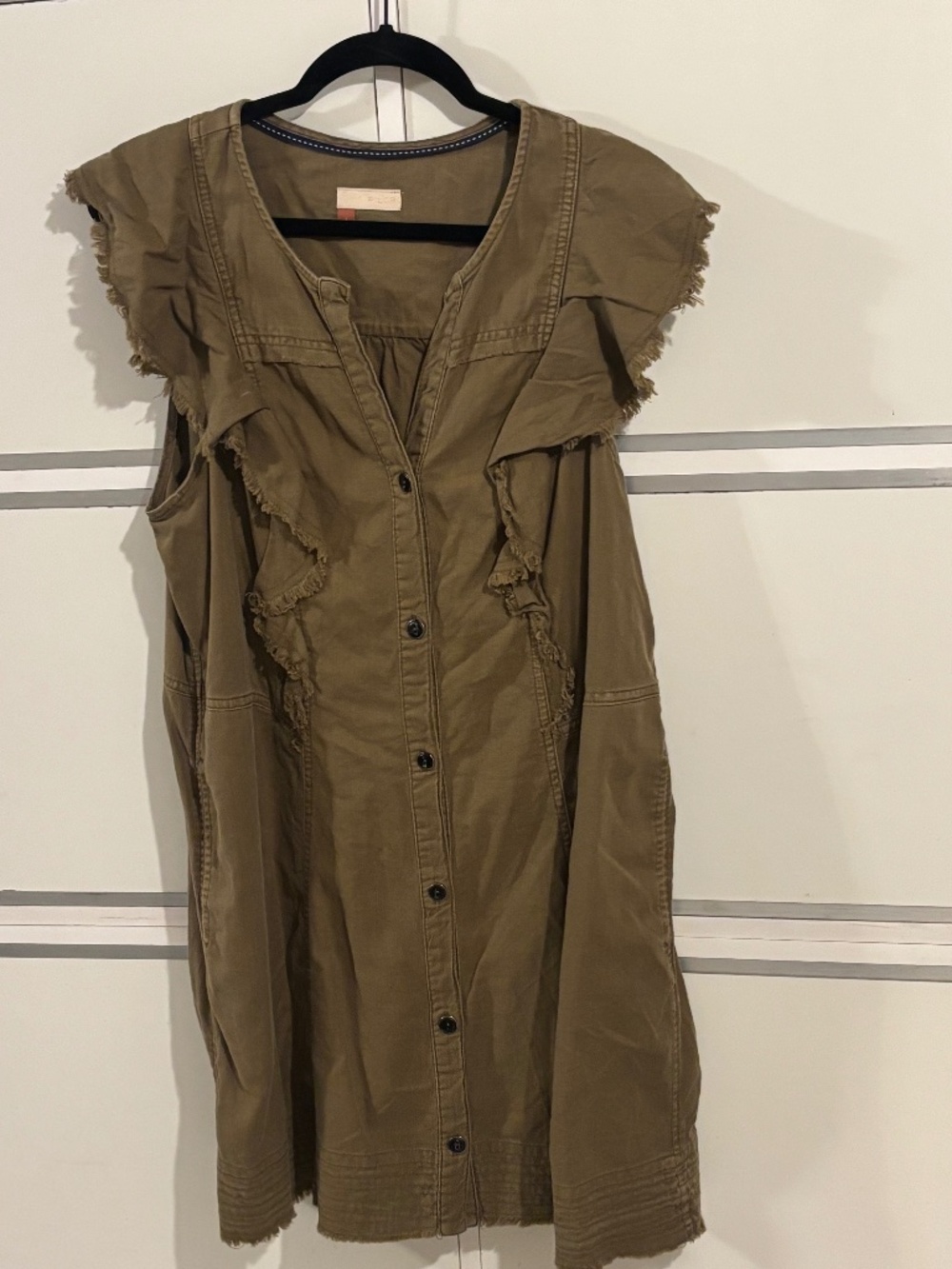 Pilcro VNeck Ruffle Sleeves Olive Green Dress Sz Large